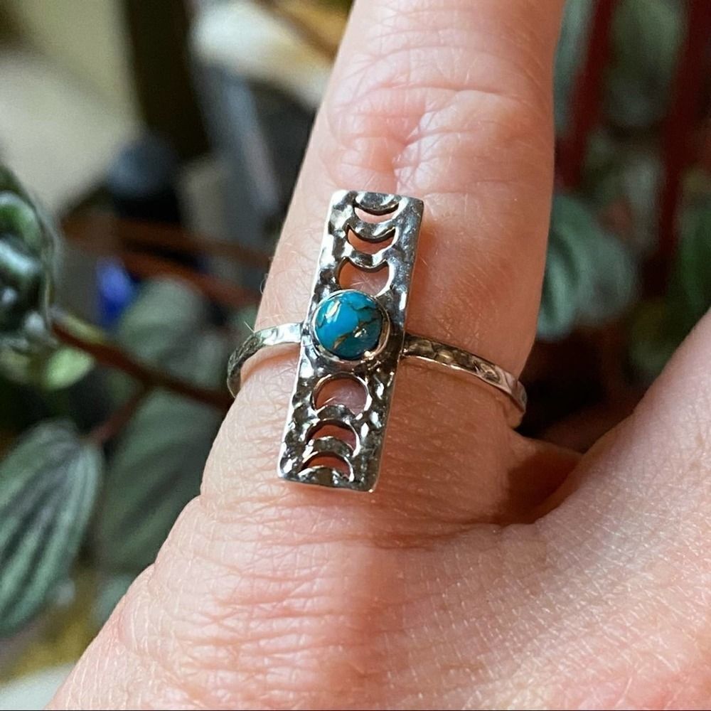 Copper Blue Turquoise Moon Phase Hammered Sterling Silver Ring Size 6.5